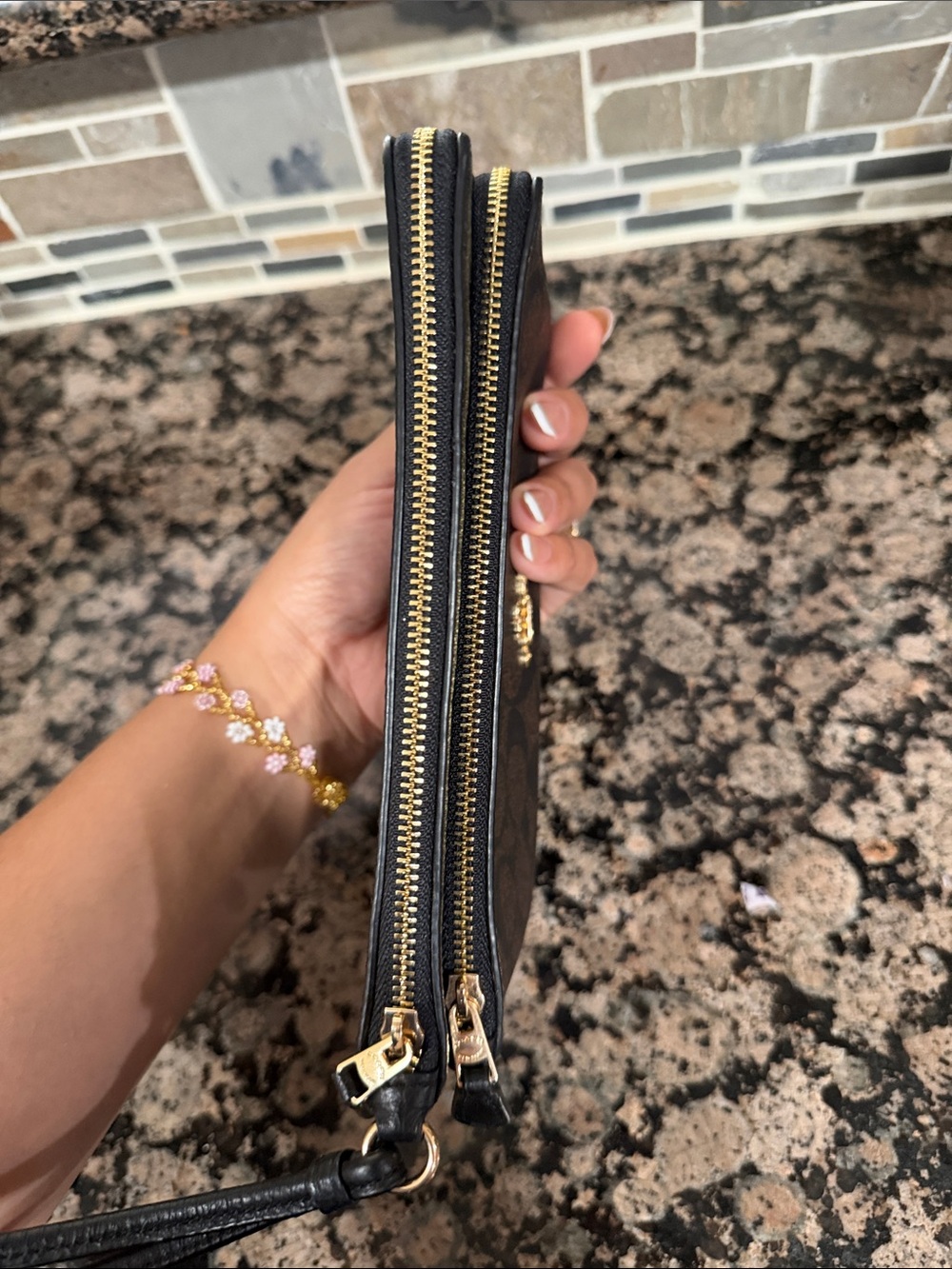 Coach Brown/Black Signature double zipWristlet with Gold Hardware - Picture 3 of 7